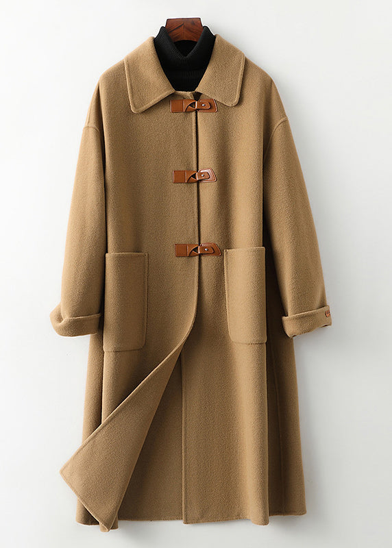 Camel Peter Pan Collar Button Woolen Long Coats Fall