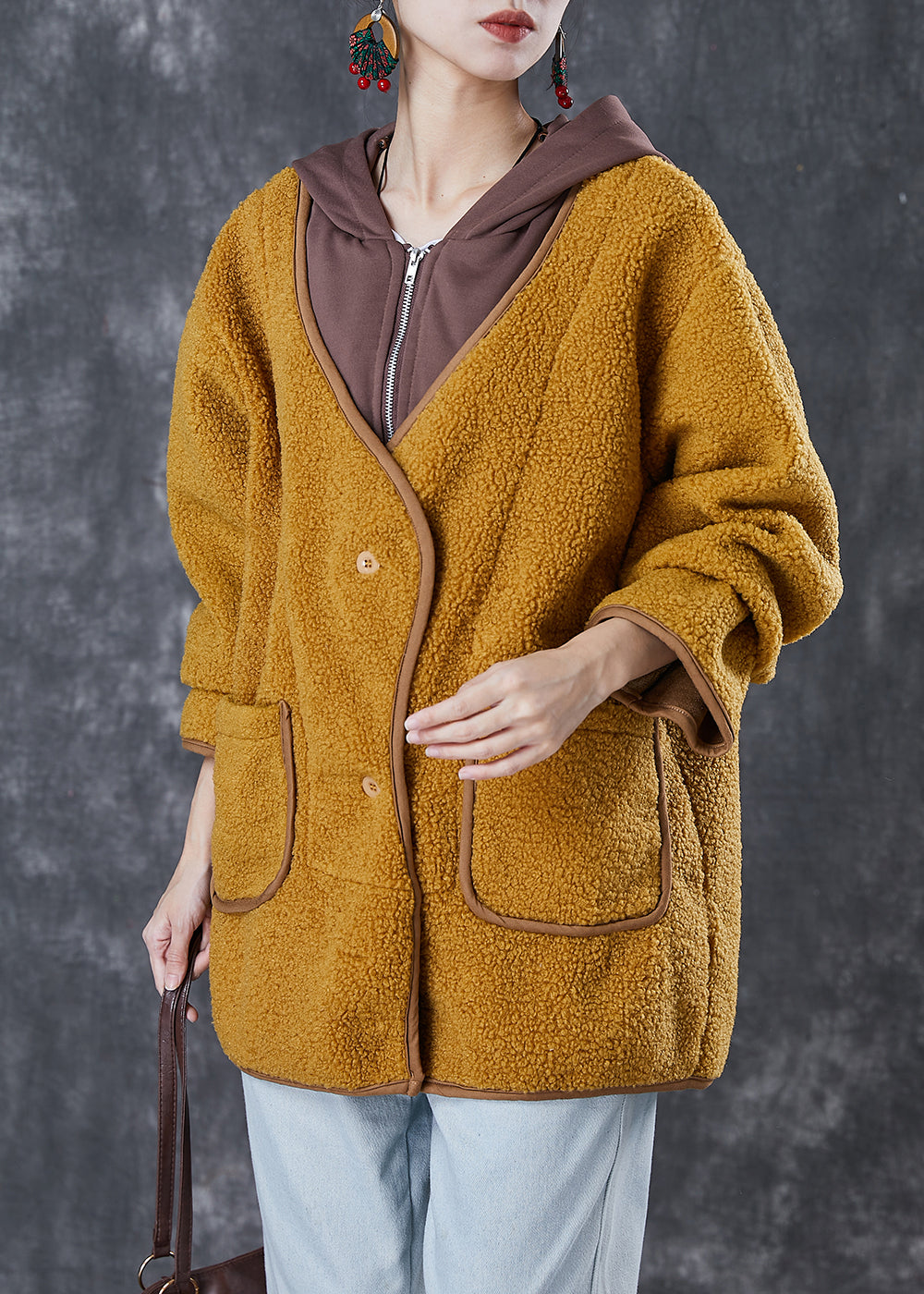 Fitted Yellow Hooded Patchwork Faux Fur Fake Two Piece Jacket Winter