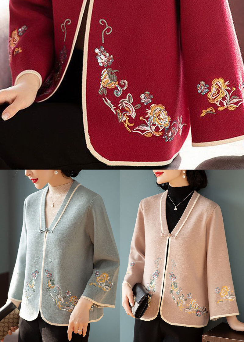 Red Embroideried Oriental Button Woolen Coats Long Sleeve