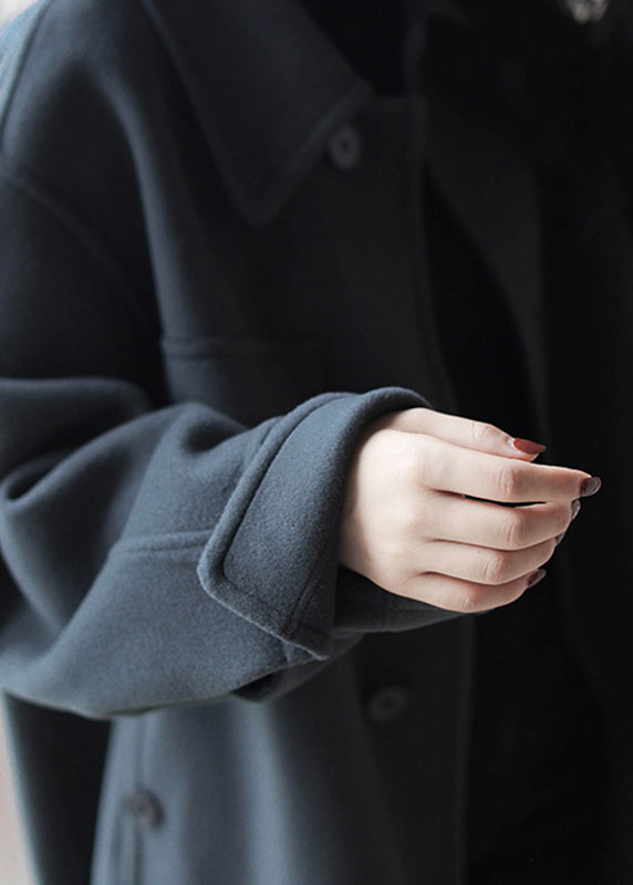 Haze Blue Peter Pan Collar Button Pockets Patchwork Side Open Woolen Coats Long Sleeve