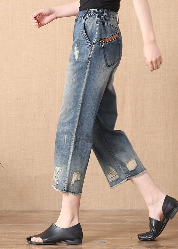 Denim Blue Elastic Waist Zip Up Pockets Hole Cotton Crop Pants Summer