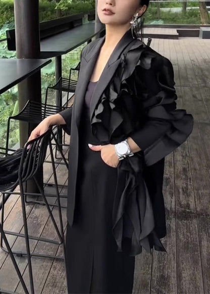 French Black Notched Asymmetrical Coats Long Sleeve