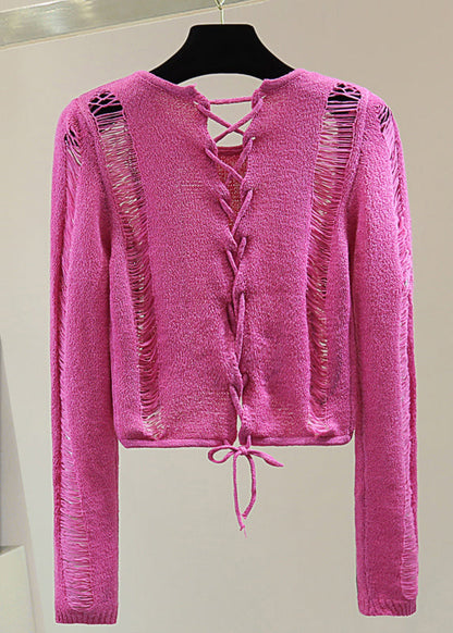 Rose Hole Tie Waist Cotton Knit Sweaters Spring