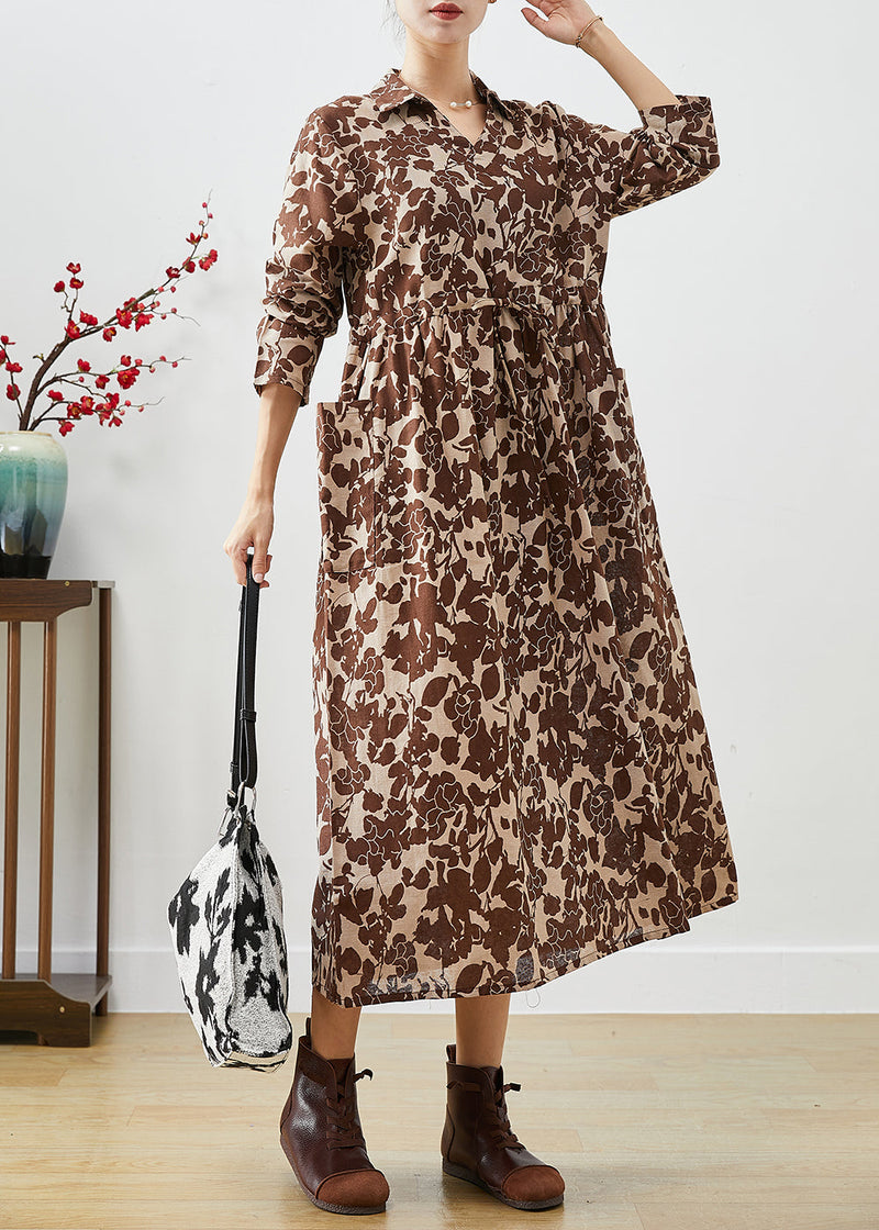 Khaki Cinched Print Cotton Long Dresses Fall