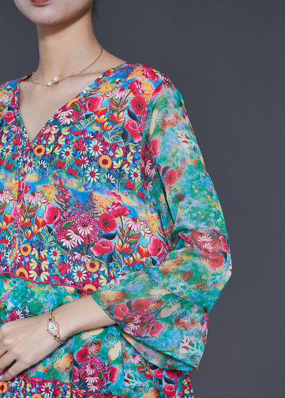 Green V Neck Print Silk Holiday Dress Summer