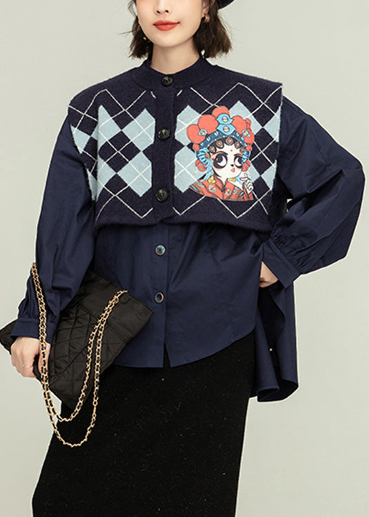 Blue Stand Collar Print Cotton Shirt and Waistcoat Two Piece Set Spring