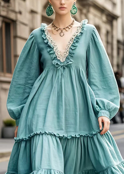 Blue Ruffled Oversized Cotton Maxi Dress Spring