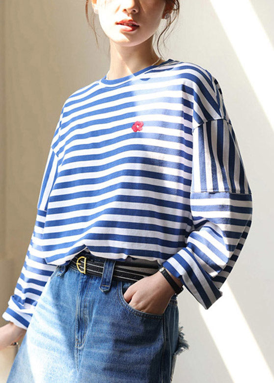 Blue White Striped Embroideried Loose Cotton Top Long Sleeve Spring