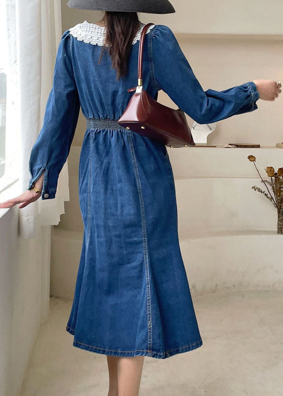 Dark Blue Slim Fit Button Denim Dress Spring