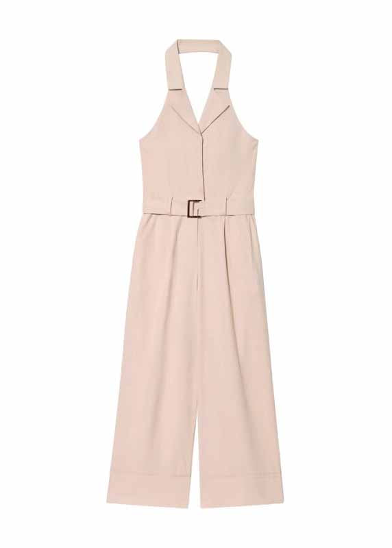 Beige Halter Pockets Cotton Jumpsuit Sleeveless
