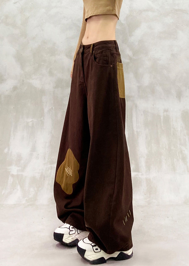 Brown Oversized Patchwork Applique Denim Pants Spring