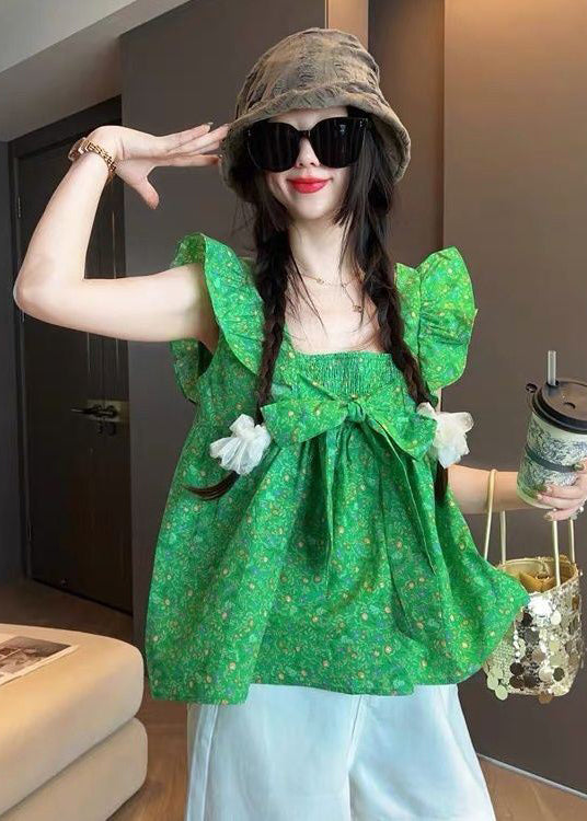 Green Bow Cotton Tanks Butterfly Sleeve