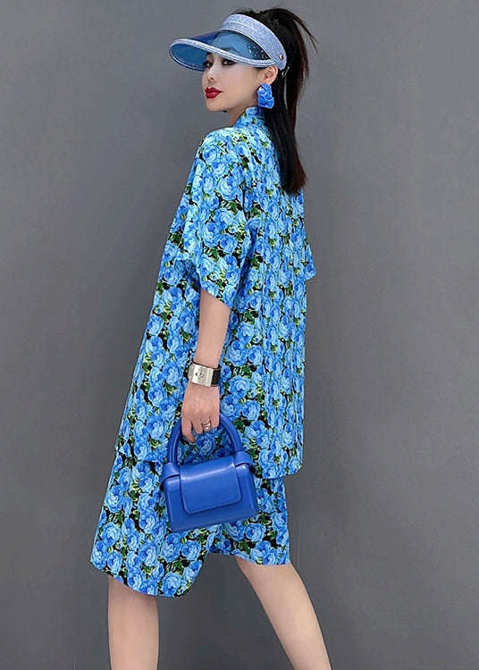 Blue V Neck Print Cotton Cinch Top and Shorts Two Pieces Set Short Sleeve