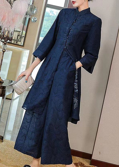 Navy Silk Two Pieces Set Embroideried Stand Collar Button Spring