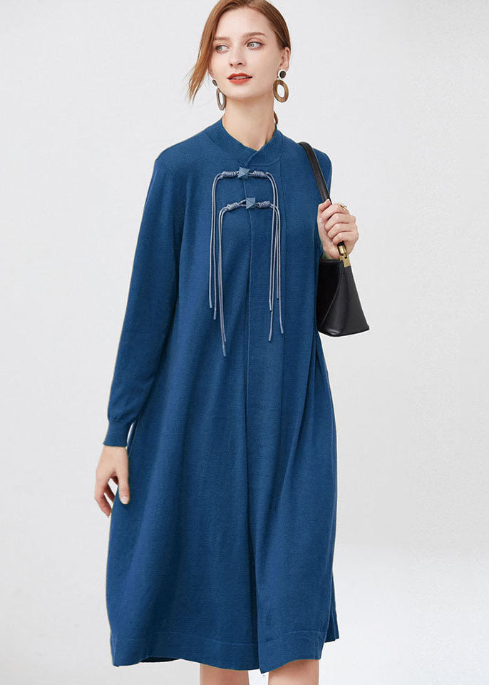 Blue Stand Collar Wool Knit Long Dresses Long Sleeve
