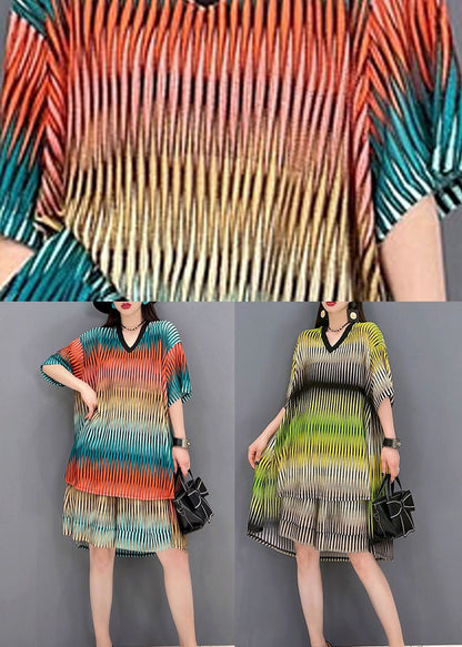 Red Striped Print Cotton Sets Two Pieces Low High Design Summer