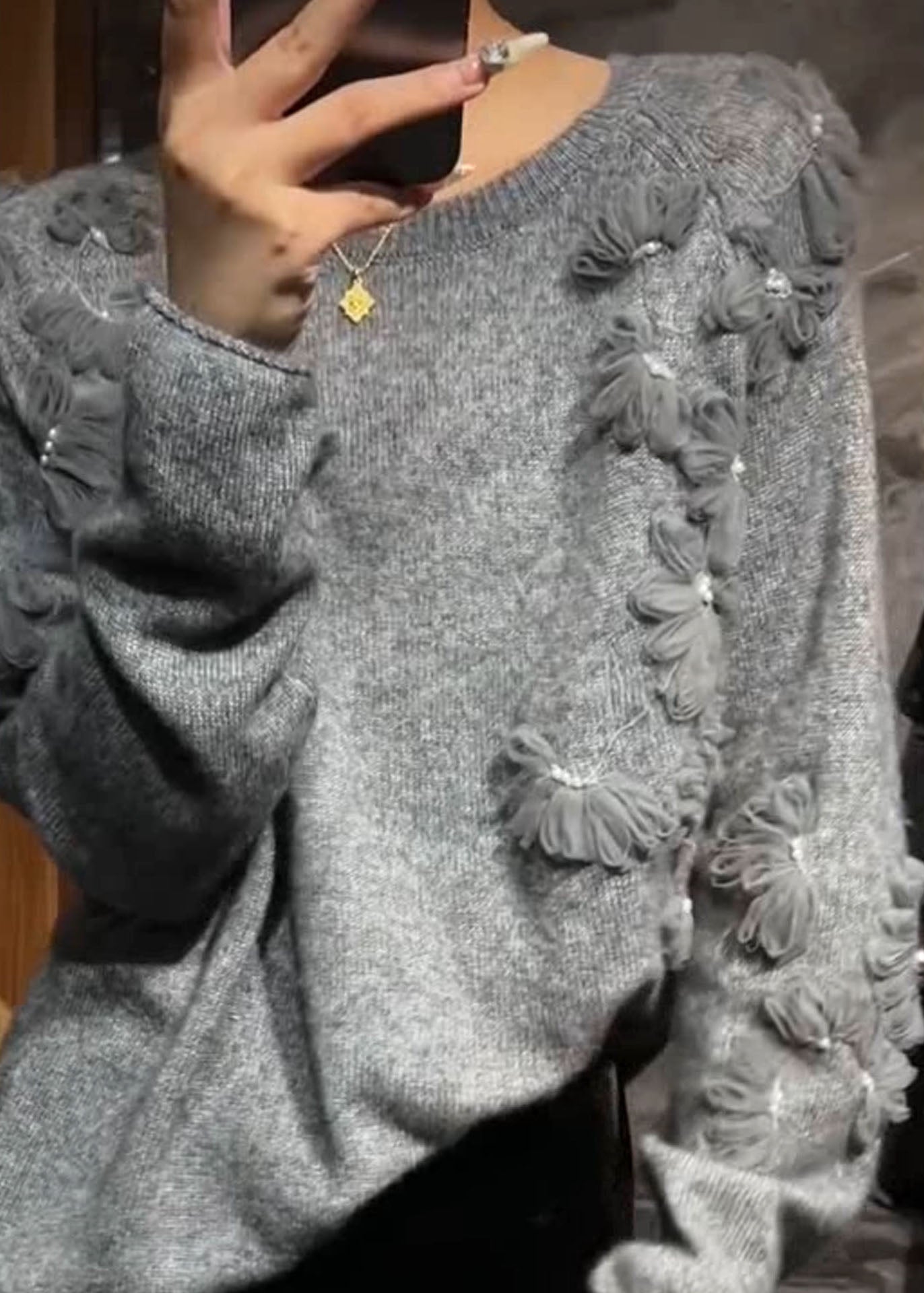 Grey O-neck Cotton Knit Sweater Fall