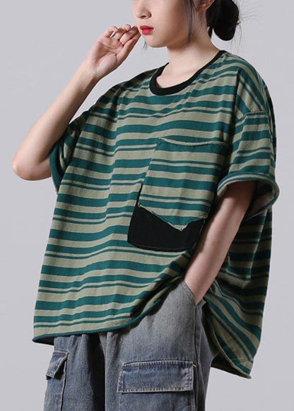 Stylish Red Striped O-neck Cotton Summer Tops