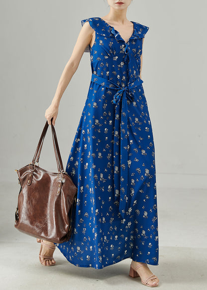 Blue Tie Waist Print Chiffon Party Dress Sleeveless