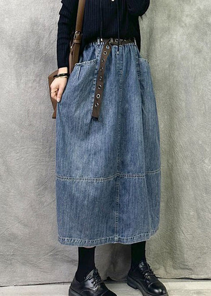 Blue Elastic Waist Patchwork Denim a Line Skirts Pockets