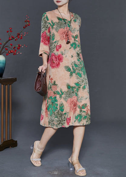 Khaki V Neck Print Chiffon Long Dresses Half Sleeve