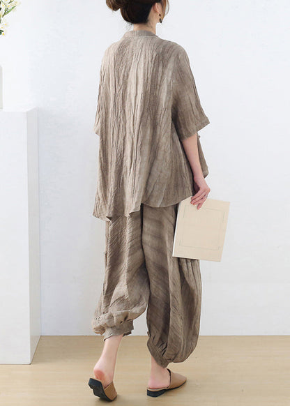 Khaki Asymmetrical Tie Dye Lace Up Linen Two Pieces Set Fall
