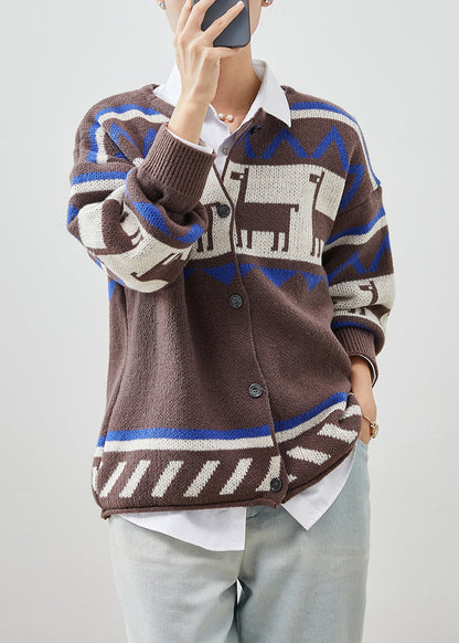 Italian Coffee O-neck Print Knit Cardigans Spring