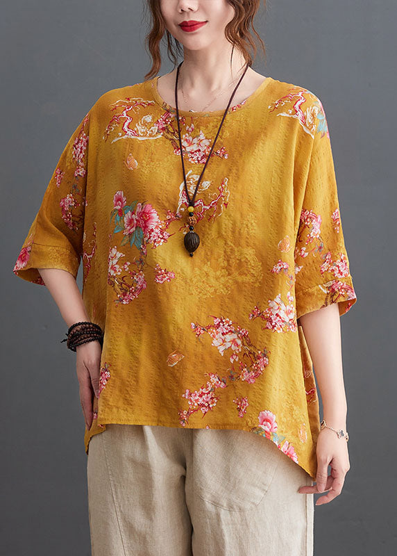 Yellow O-neck Print Linen Tank Tops Half Sleeve