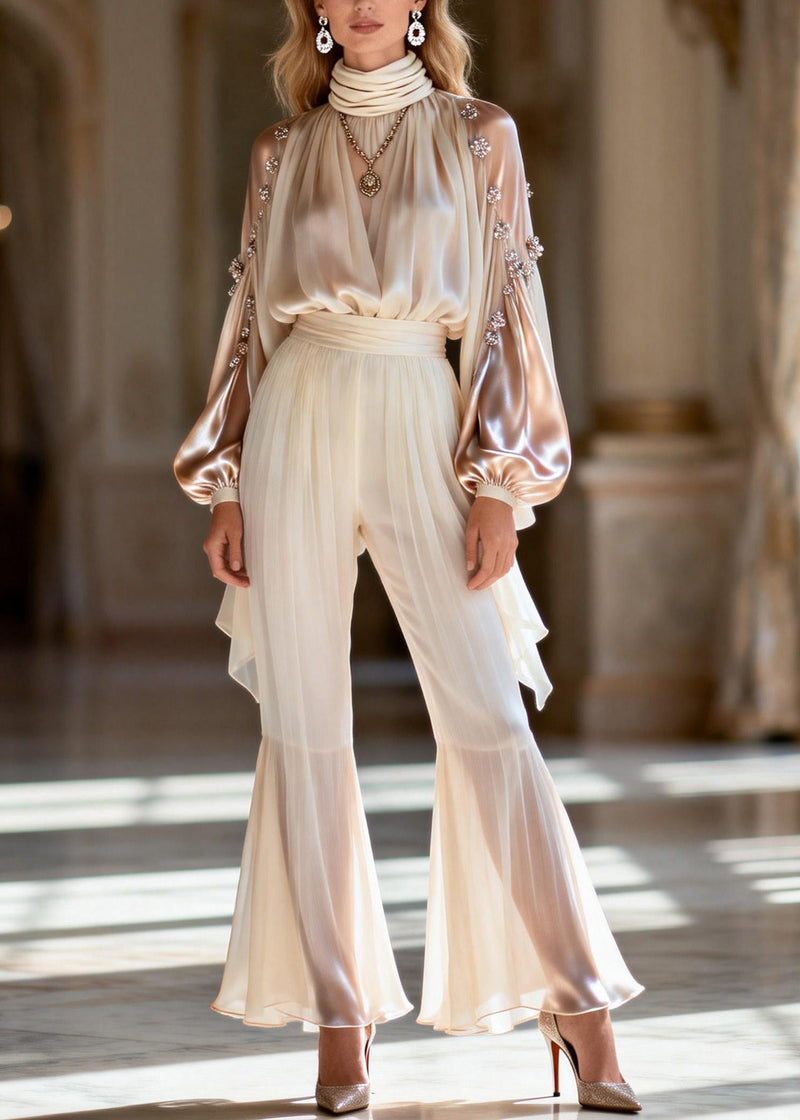 Unique Hign Neck Zircon Wrinkled Silk Two Piece Set Spring