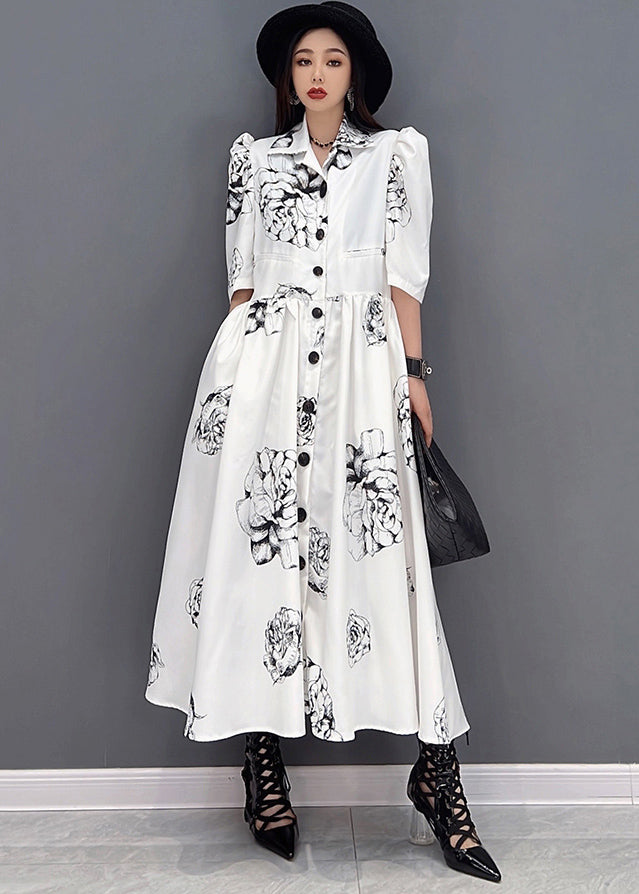 White Peter Pan Collar Print Chiffon Maxi Cinch Dress Half Sleeve