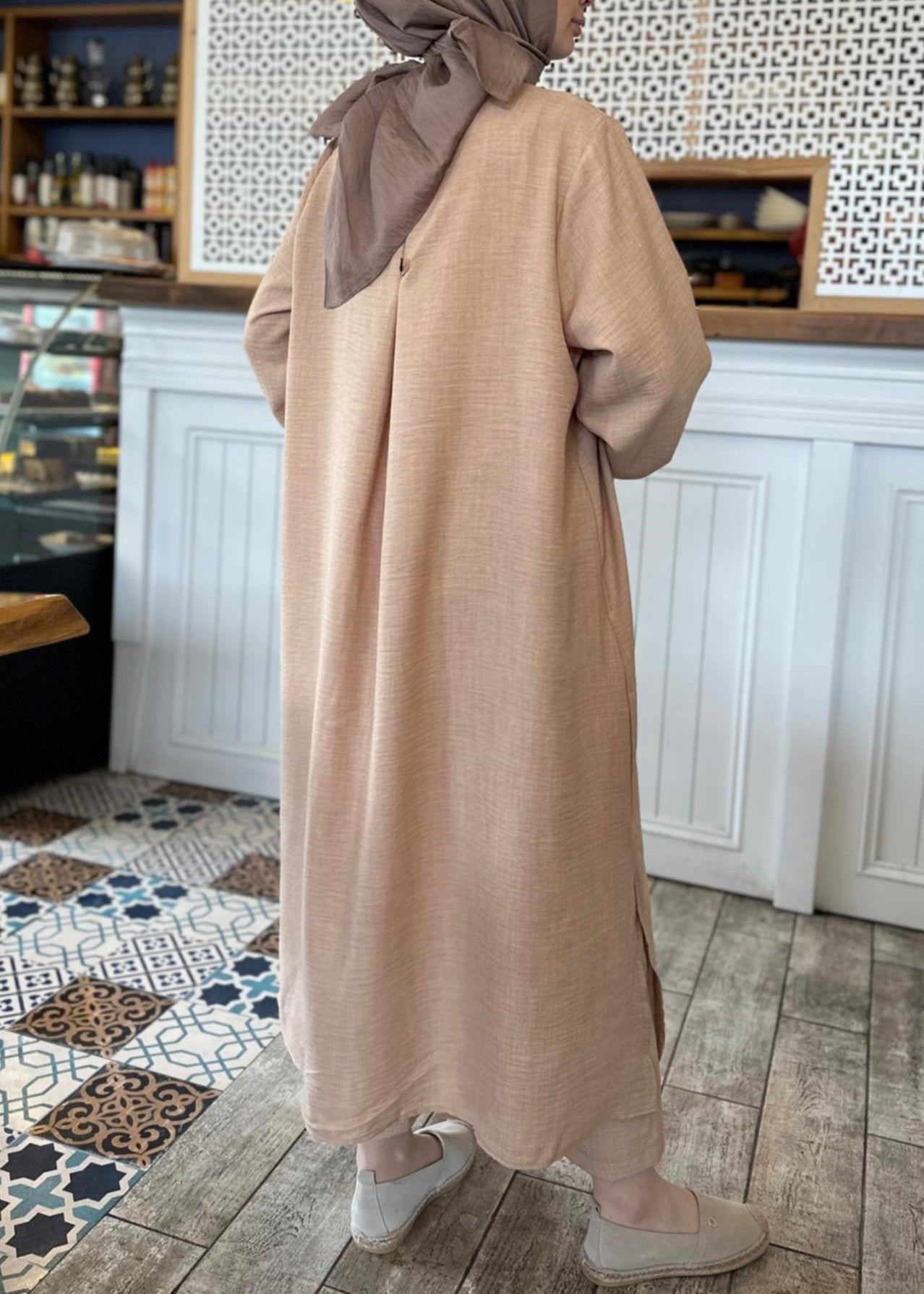 Khaki Button Cotton Two Pieces Set Long Sleeve