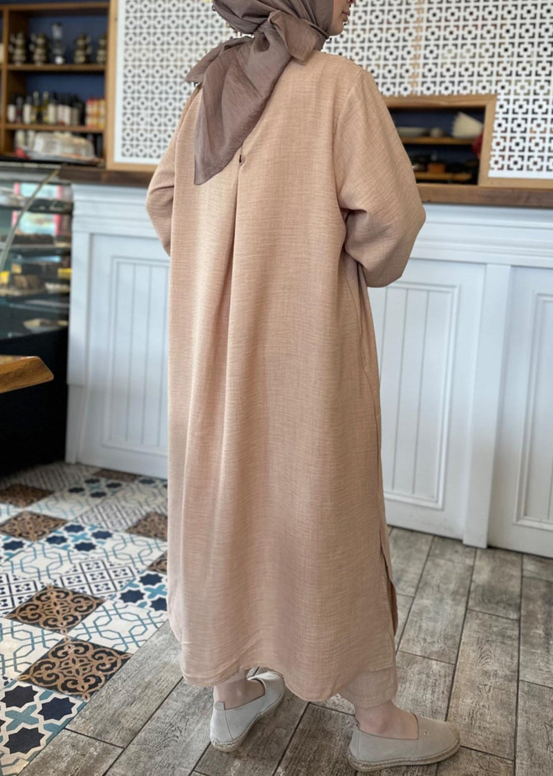 Khaki Button Cotton Two Pieces Set Long Sleeve