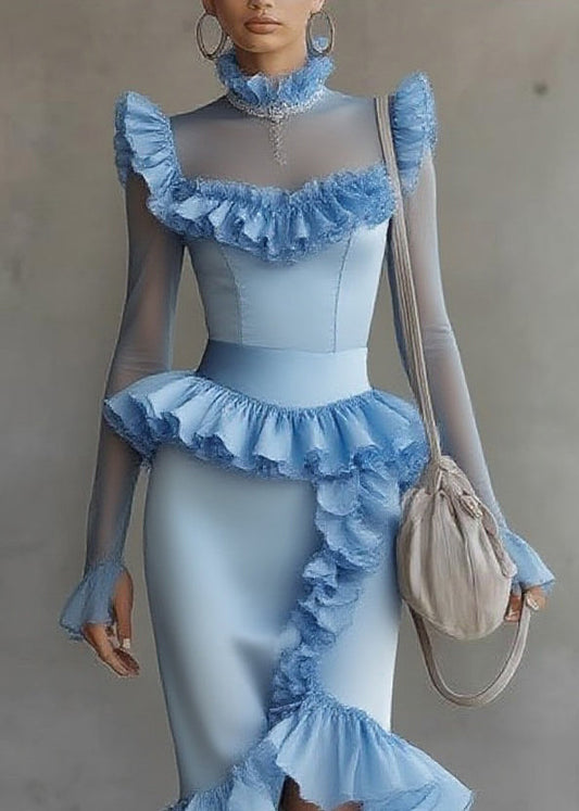Modern Blue Turtleneck Ruffled Tulle Patchwork Long Dress Flare Sleeve