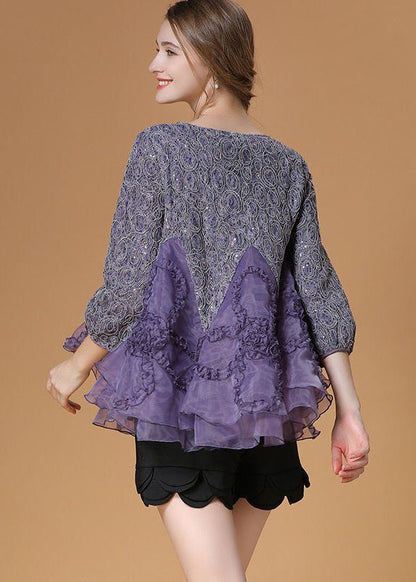 Purple Ruffled Patchwork Organza Shirt Top Bracelet Sleeve
