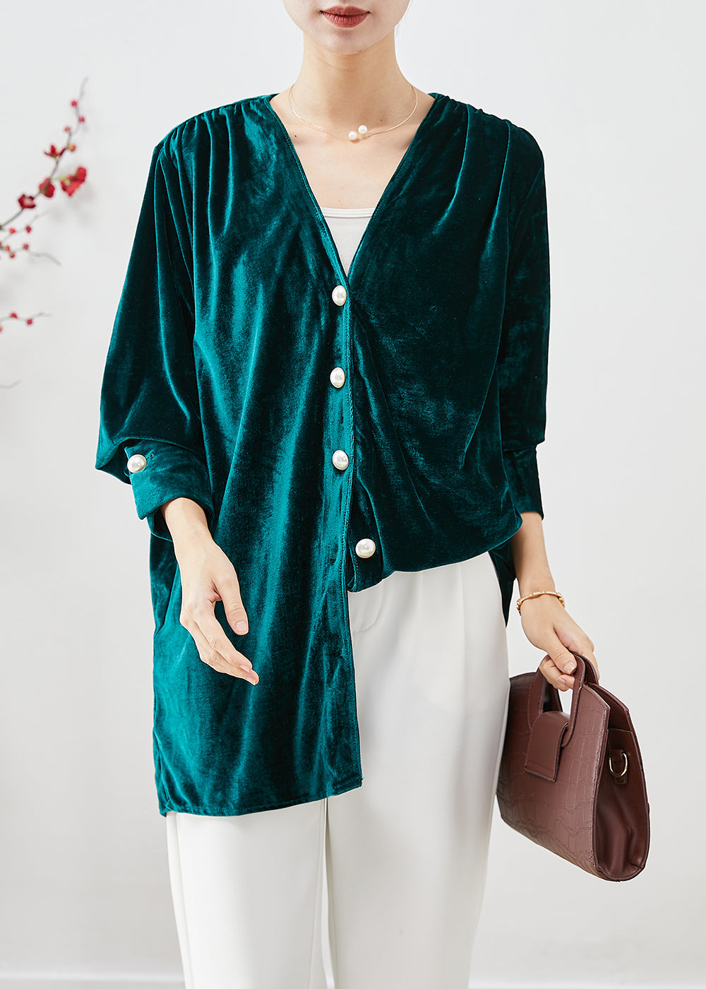 Peacock Green V Neck Silk Velour Blouses Fall