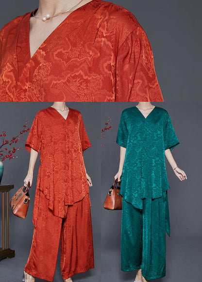 Orange Asymmetrical Print Silk Two Piece Set Summer