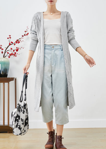 Grey Hooded Oversized Knit Cardigans Spring