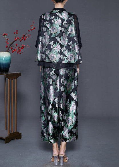 Black Oversized Patchwork Silk Two Pieces Set Summer