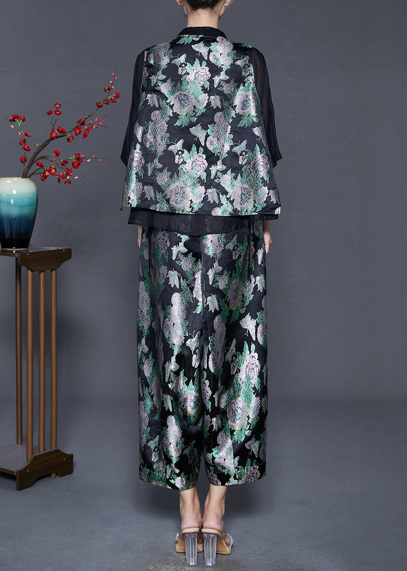 Black Oversized Patchwork Silk Two Pieces Set Summer