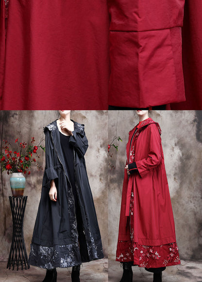 Red Zippered Patchwork Embroideried Spring Coats