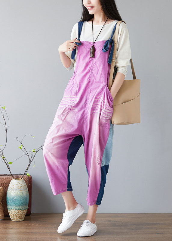 Purple Oversized Patchwork Applique Cotton Overalls Jumpsuit Spring