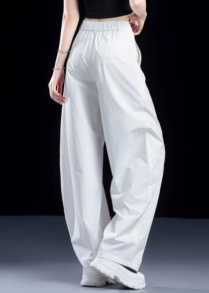 New White Pockets High Waist Cotton Pants Fall