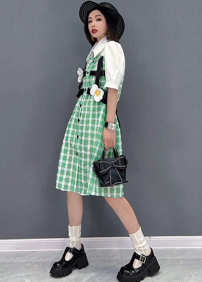 Modern Green Plaid Peter Pan Collar Patchwork Maxi Dress Short Sleeve