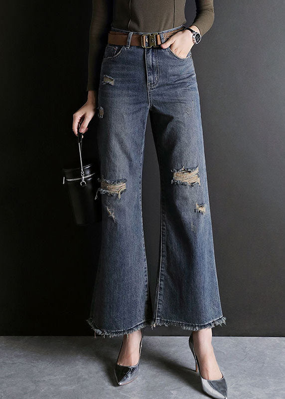 Blue High Waist Hole Pockets Cotton Denim Flare Pants Summer