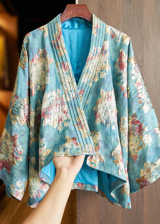 Blue V Neck Jacquard Patchwork Cotton Cardigan Fall