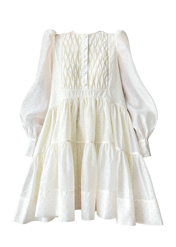Beige O-neck Button Silk Mid Dresses Long Sleeve