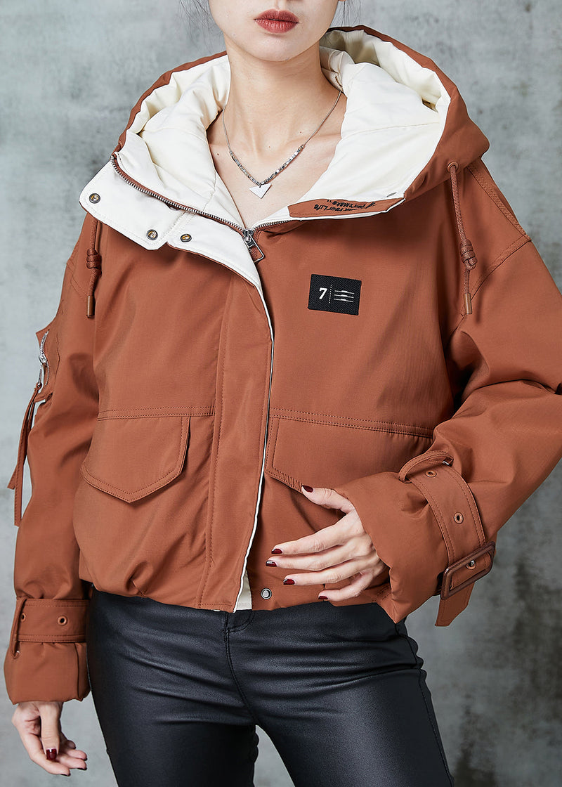 Orange Hooded Pockets Duck Down Jacket in Winter
