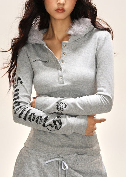 Slim Fit Light Grey Print Hooded Shirts Long Sleeve