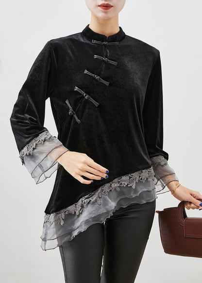Black Asymmetrical Organza Patchwork Chinese Button Silk Velour Shirt Top Fall