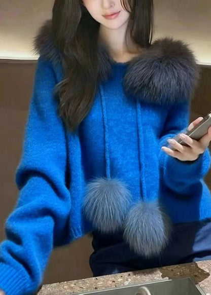 Blue Oversized Patchwork Fuzzy Ball Decorated Knit Pullover Spring